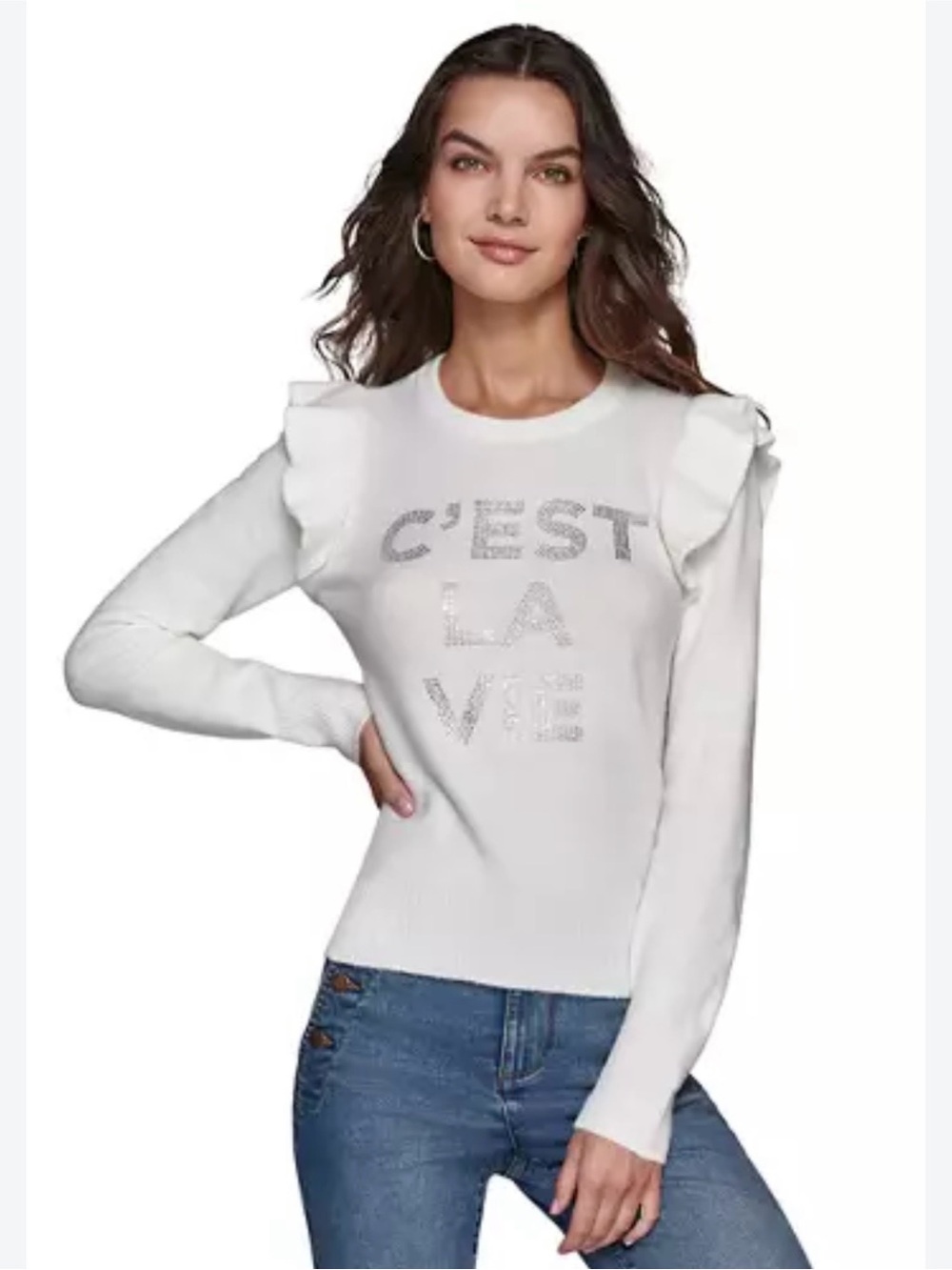Karl Lagerfeld White Ruffle Shoulder Knit Top with Embellished C'EST LA VIE